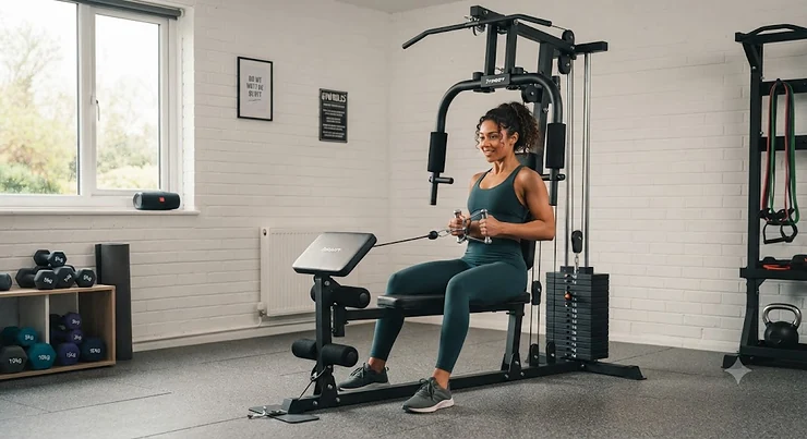 A person performing a cable row exercise on a compact single stack multi gym in a modern British home garage gym. single stack multi gym