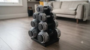 Vertical storage rack holding a compact dumbbell set efficiently in a corner.