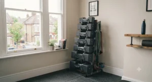 Space-saving modular dumbbell sets neatly stacked on an upright storage tray.
