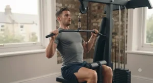A person performing a lat pulldown exercise using a versatile multi gym machine.