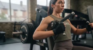 A fitness enthusiast performing a plate loaded shoulder press for upper body strength.