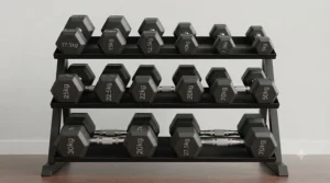 Sturdy steel-framed dumbbell rack demonstrating high load capacity and stable floor placement.