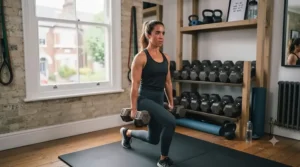 A woman doing walking lunges holding cast iron dumbbells on a wooden floor in a home fitness space.