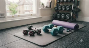 Light-to-moderate dumbbell sets laid out on an exercise mat ready for a fitness session.