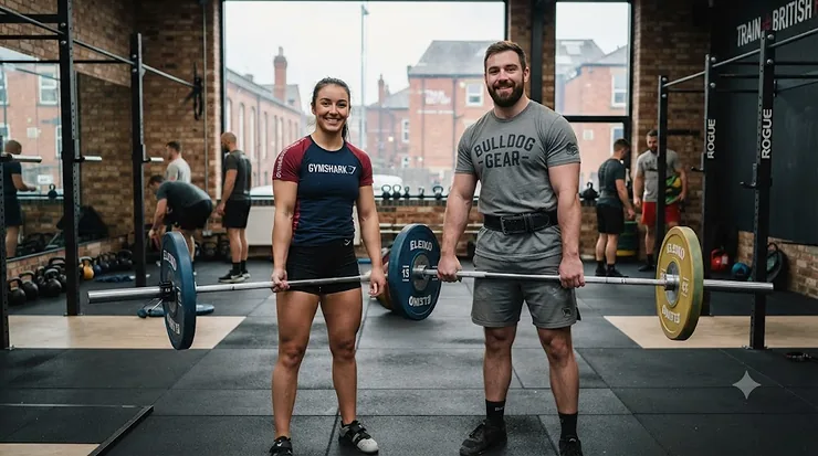 Comparison of a standard 20kg men's Olympic barbell and a 15kg women's Olympic barbell side by side in a UK gym. 20kg Olympic bar vs 15kg Olympic bar