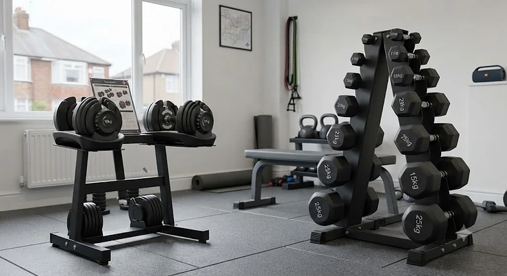 A side-by-side comparison of adjustable dumbbells and a rack of fixed dumbbells in a British home gym. adjustable dumbbells vs fixed dumbbells