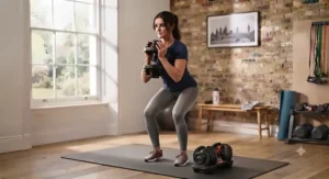 Quick-change dumbbell displayed alongside removed weight plates to illustrate the multi-weight capacity.