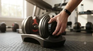 Close-up of a fitness enthusiast adjusting the weight selection mechanism on a pair of dial dumbbells.