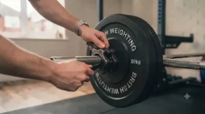 Lifter easily fastening a quick-release collar onto an Olympic bar at home.