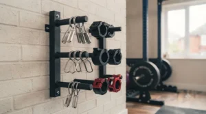 Assorted barbell collars neatly stored on a weight rack in a home gym.