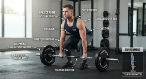 Beginner setting up in the correct starting position for a conventional barbell deadlift.