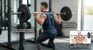 Proper low-bar barbell placement across the upper back for beginner squats.
