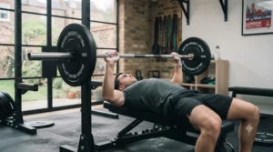 Athlete performing a bench press on a weight bench using a cost-effective barbell