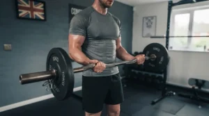 Fitness enthusiast performing a standing bicep curl using an EZ curl bar at home.