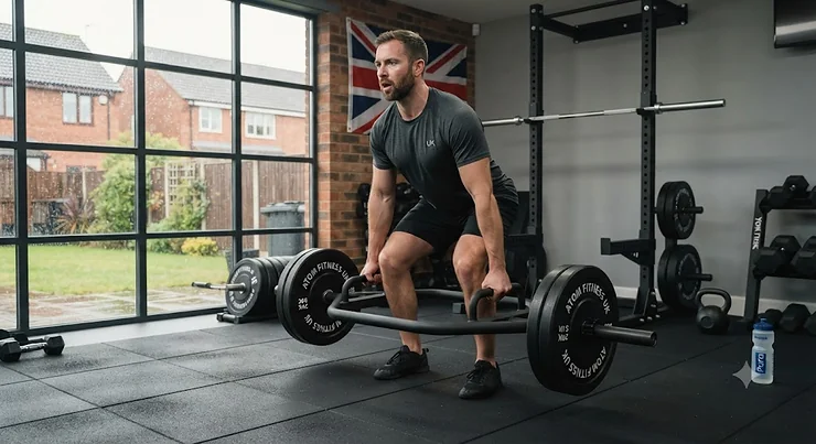 Person performing a deadlift with a heavy trap bar in a British home gym. buy trap bar