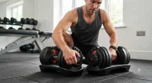 Demonstrating rapid weight transition between heavy and light exercises using dial dumbbells.