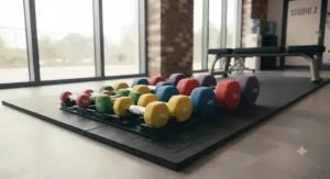Colour-coded studio dumbbells for gyms used in group exercise and fitness classes