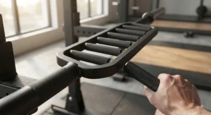 Selection of specialised bars including a multi-grip barbell stored on a gym rack.