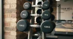 Close-up of rubber-coated studio dumbbells for gyms designed for heavy commercial use