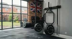 A compact trap bar stored vertically against a wall to save space in a garage gym.