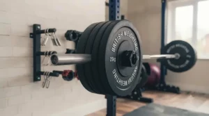 Complete home gym weightlifting area featuring a barbell equipped with collars.