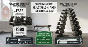 Infographic illustrating the cost-effectiveness of adjustable dumbbells versus buying a full fixed dumbbell set.