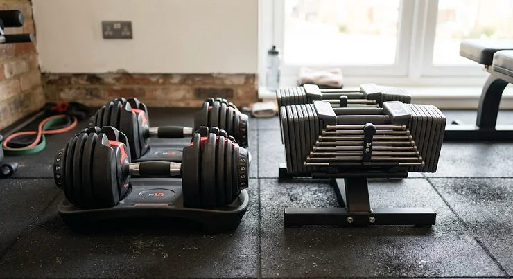 A side-by-side comparison of dial dumbbells vs pin-select dumbbells on a home gym flooring setup in the UK.