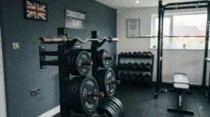 Wall-mounted storage rack holding an EZ curl bar and weight plates in a compact home gym.