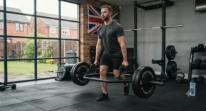 Athlete performing a farmer's walk carry exercise using a hex bar for grip and core strength.