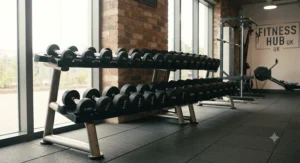 Full set of studio dumbbells for gyms arranged by weight in a modern fitness studio