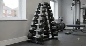 Heavy fixed dumbbells arranged on a vertical metal storage rack.