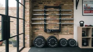 Space-saving barbell storage rack inside a UK home gym setup