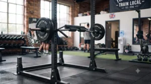 Side-profile view of a fitness enthusiast maintaining an upright torso while using a safety squat bar.