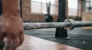 Close-up view of the knurling pattern on an Olympic barbell for secure grip during heavy lifts.