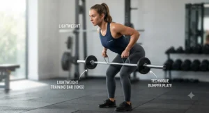 Lifter practicing technique with a lightweight aluminium training barbell.