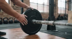 Person sliding rubber bumper plates onto the end sleeve of an Olympic barbell.