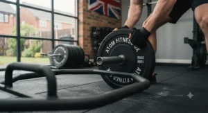 Hands loading Olympic bumper plates onto the sleeve of a sturdy black powder-coated trap bar.