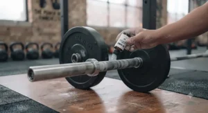 Maintenance being performed by applying oil to the rotating sleeve of an Olympic barbell.