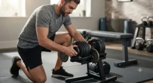 Man changing the weight plates on adjustable dumbbells during a workout at home.