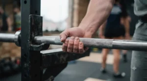 Detail shot comparing the centre knurling on a 20kg powerlifting bar versus a smooth centre on a 15kg bar.