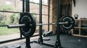 Olympic barbell under 150 pounds set up with weight plates on a gym floor