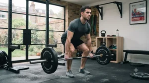 Lifter performing a deadlift using a durable home workout barbell