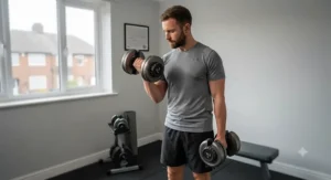 Fitness enthusiast performing bicep curls using adjustable dumbbells.