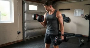 A fitness enthusiast performing bicep curls with adjustable dumbbells during a garage gym workout in the UK.