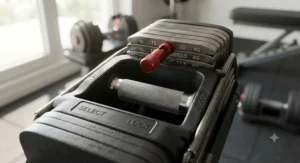 Close-up view of the knurled metal handle and secure pin-locking mechanism on pin-select dumbbells.
