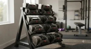 A complete set of pin-select dumbbells neatly stored in their dedicated weight stack rack.