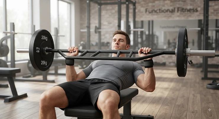 Competitor performing close-grip floor press with a multi-grip bar. multi-grip barbell for bench press