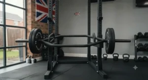 Lifter maintaining a neutral spine and upright posture while executing a trap bar deadlift.