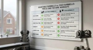 Summary table graphic outlining the pros and cons of adjustable dumbbells versus fixed dumbbells for home workouts.