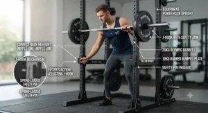 Adjusting safety squat rack pins to the correct height before lifting a barbell.